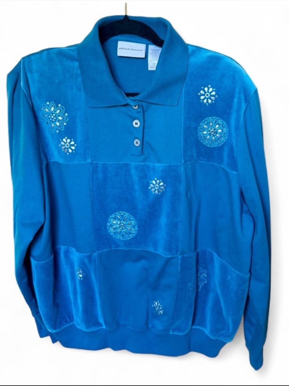 Vintage Alfred Dunner Teal Velour Patchwork Polo Top ✨ Size L